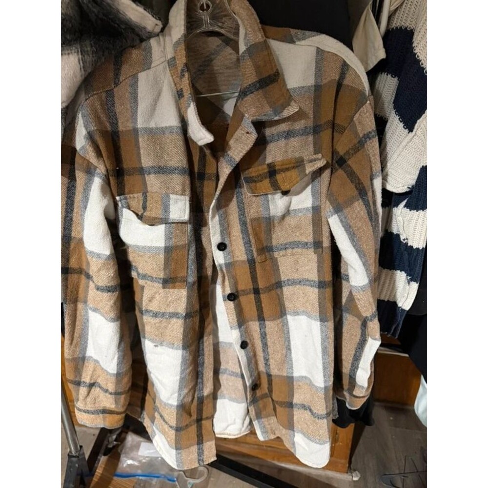 Automet Plaid Flannel Shirt Brown Tan Cream Gray Button Up